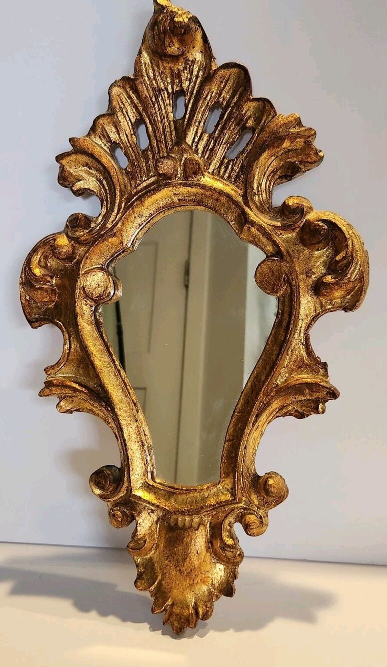 Vintage MCM 50s Italian Florentine Gilt Mirror Gold Hollywood Regency 14”
